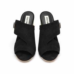 Steve Madden Black Suede Mules with Tan Heel